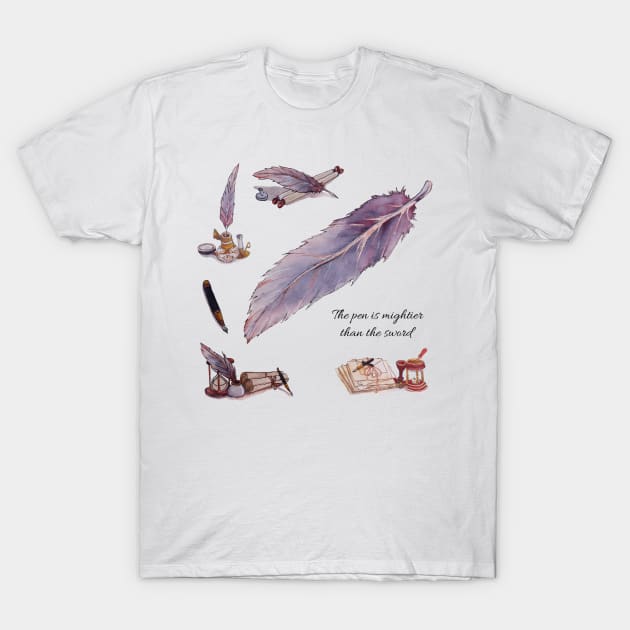 Watercolor The pen is mightier than the sword calligraphy set T-Shirt by Jessfm